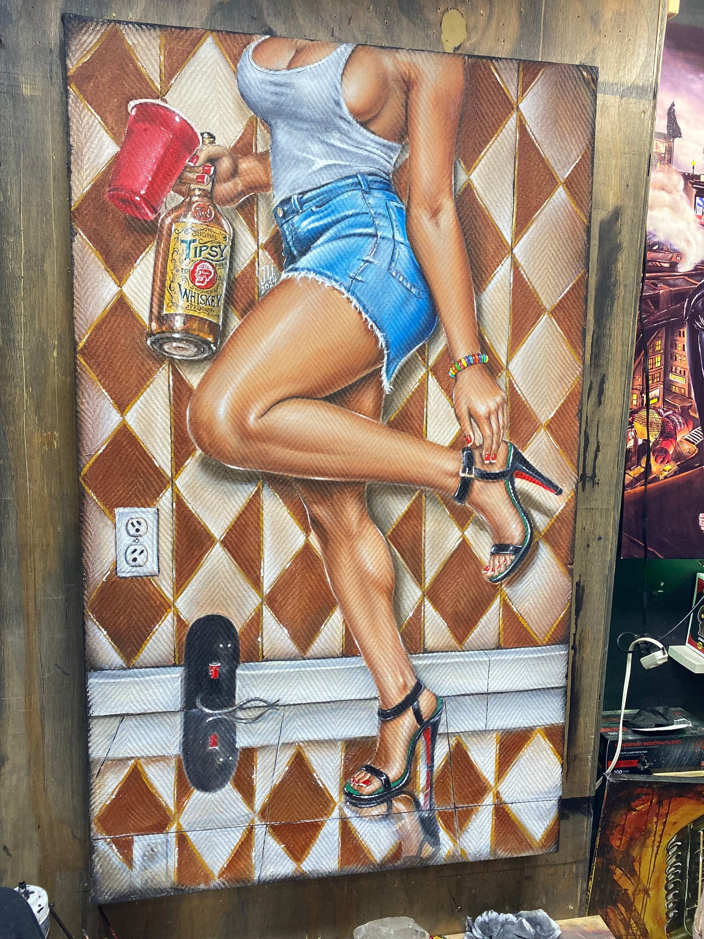 JEREMY WORST "Tipsy Pinups" Modern Contemporary Pinups Acrylic painting on Textured Fabric sexy girl in jean skirt and tank top mouse