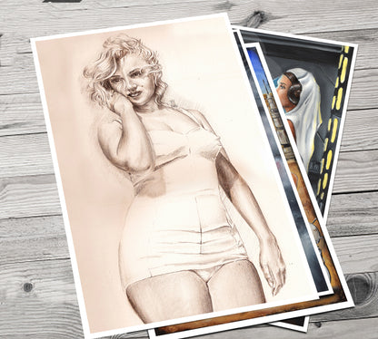 JEREMY WORST Marilyn Monroe Pencil Drawing Sketch Artwork Signed Fine Art Print Great gift for Her 1 sketch